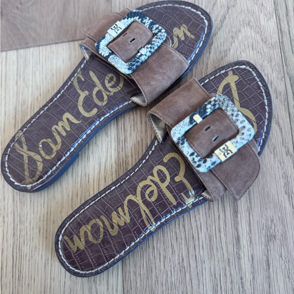 Sam Edelman Brown Slides with Snake Print Buckle